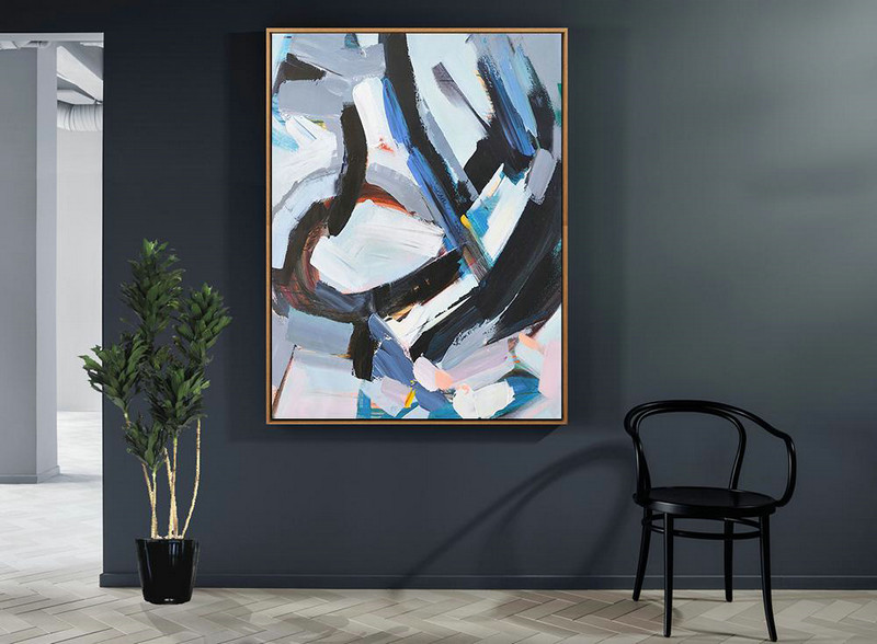 Original Extra Large Wall Art,Vertical Palette Knife Contemporary Art,Acrylic Painting Canvas Art,White,Grey,Black,Blue.etc